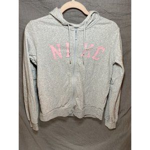 Nike Sweater Girls 8/10 Medium‎ Grey Pink Full Zip Swoosh Hoodie Kids Youth
